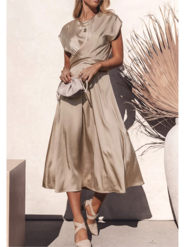 Robe Midi à Manches Courtes en Drapé pour Invitées de Mariage