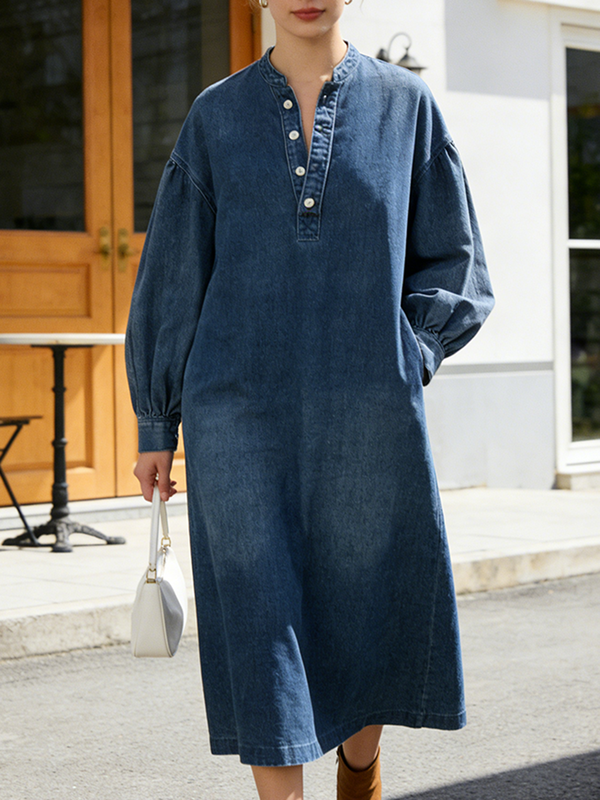 Manches longues Poches boutonnées amples Couleur unie Col en V Robes longues