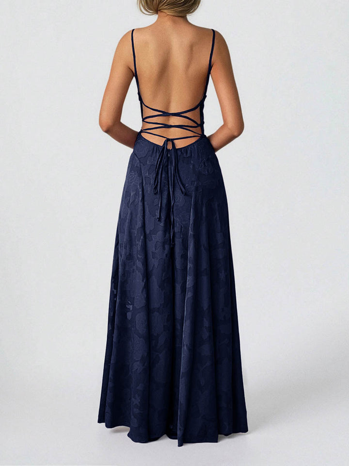 Robe longue plissée coupe trapèze, taille haute, en jacquard, à fines bretelles, couleur unie