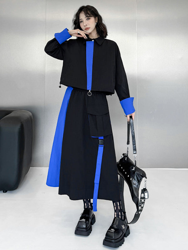 Ensemble deux pièces asymétrique à empiècements, à col revers, coupe trapèze, à taille élastique, à poches, à rubans, couleur contrastée – chemisier + jupe