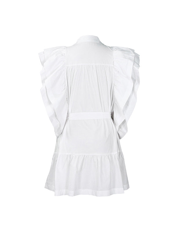 Robe courte boutonnée plissée volantée coupe trapèze, taille haute, à taille nouée, à col revers, couleur unie