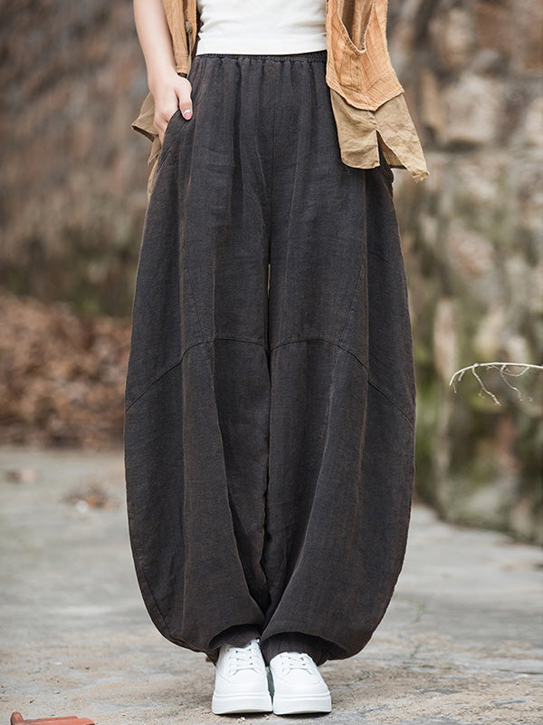 Pantalon ample à taille élastique, à poches, à empiècements, couleur unie
