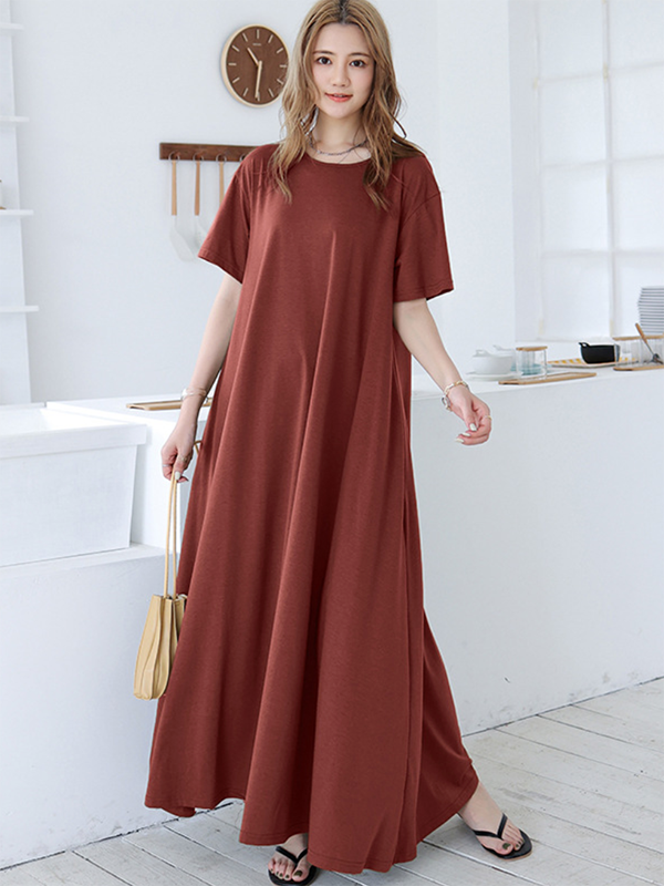 Robe longue simple ample à manches courtes, à col rond, couleur unie