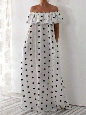 Robe longue ample à falbalas, à pois, à épaules dénudées