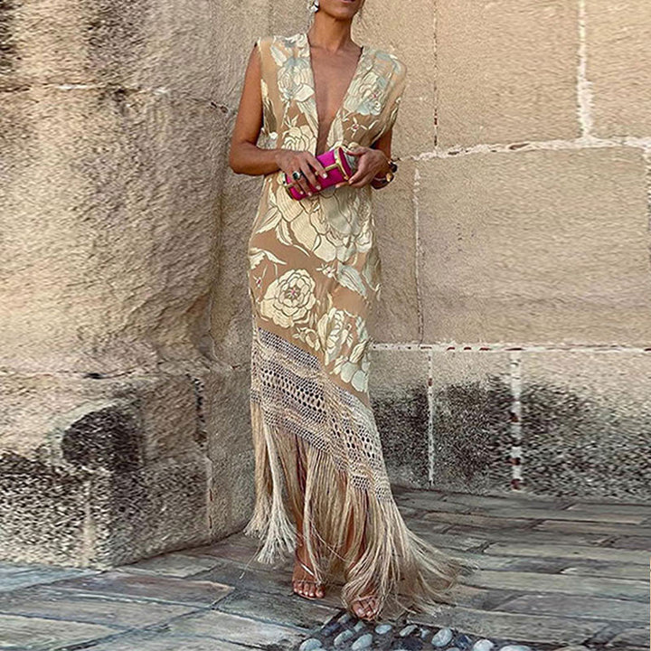 Renata - Robe Maxi de Fête Fleurie avec Franges en V Profond