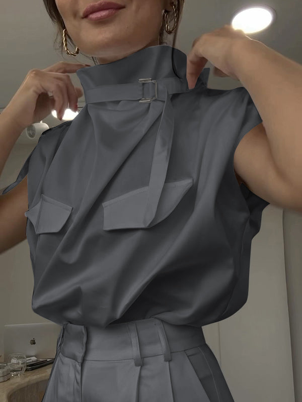 Chemisier ample sans manches, à boucle, à col montant, couleur unie