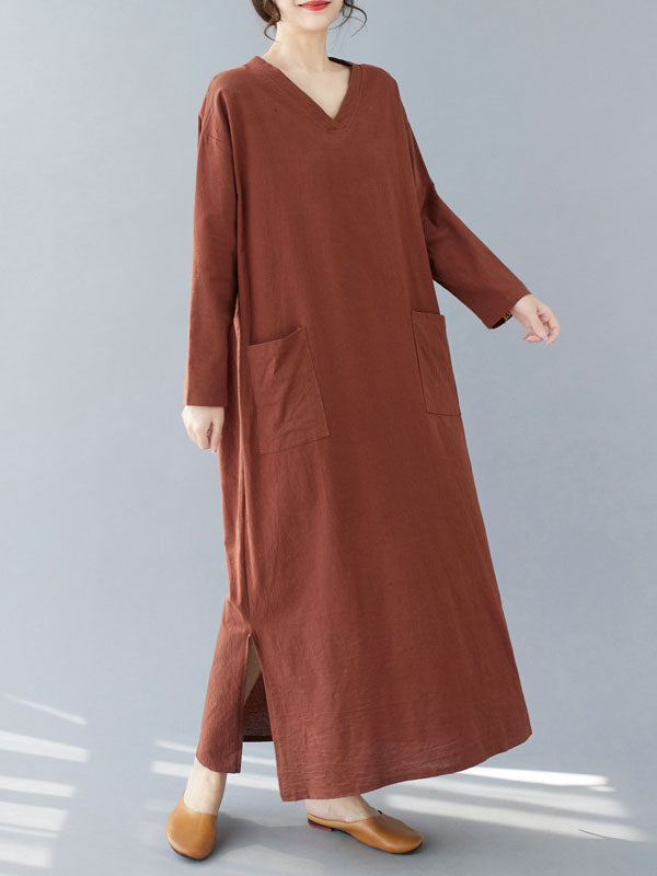 Robe longue fendue sur le côté coupe trapèze, à manches longues, à poches, à col en V, couleur unie