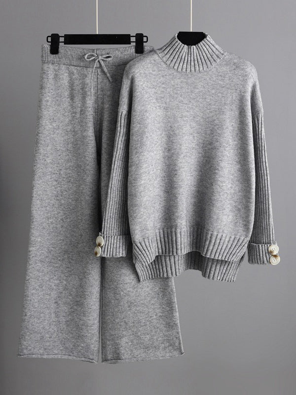 Pull urbain à manches longues et demi-col roulé de couleur unie & Pantalon large Ensemble deux pièces