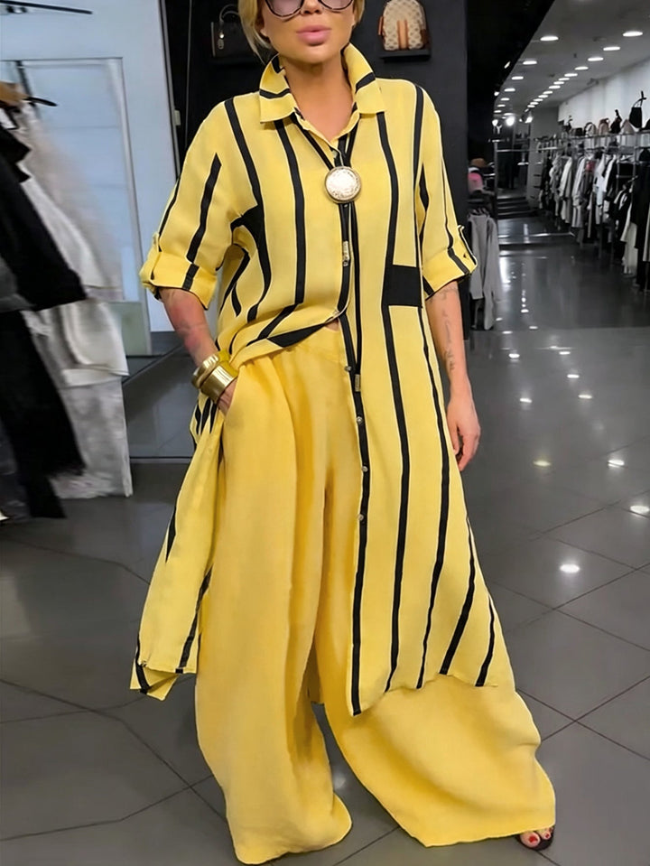 Ensemble deux pièces boutonné rayé à ourlet plongeant, à manches longues, à col revers, à poches, à jambes larges, couleur contrastée, couleur unie – chemisier + bas + pantalon