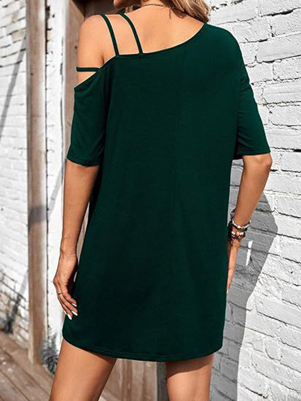 Robe courte ample asymétrique à manches courtes, asymétrique à une épaule, couleur unie