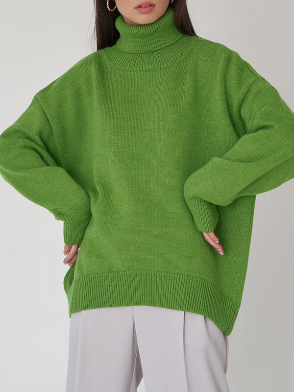 Pull en maille ample à manches longues, à col haut, couleur unie