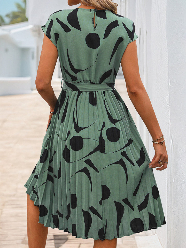 Robes mi-longues à taille haute, sans manches, imprimé abstrait, couleur contrastée, plissées, à pois, fendues, nouées, col rond
