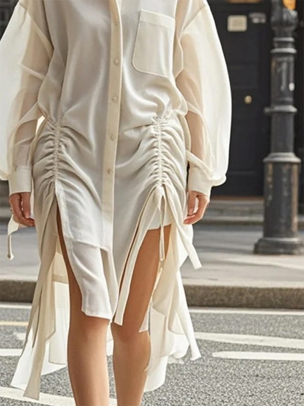 Robe chemise ample boutonnée plissée à manches longues, à cordon de serrage, à poches, à col revers, couleur unie