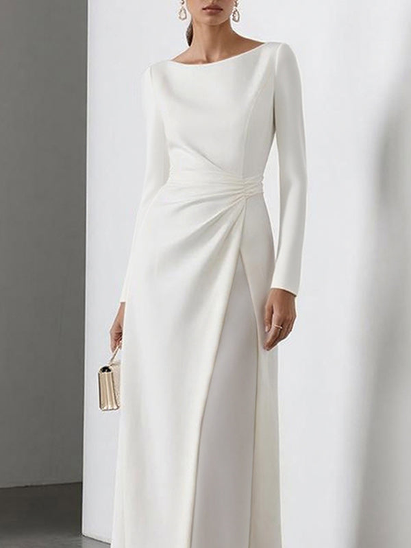 Robe longue plissée taille haute, à manches longues, en gaze, à empiècements, à col rond, couleur unie