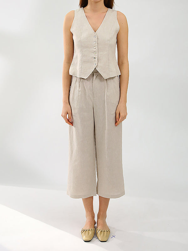 Ensemble deux pièces boutonné plissé sans manches, à décolleté en V profond, à jambes droites, couleur unie – débardeur + pantalon
