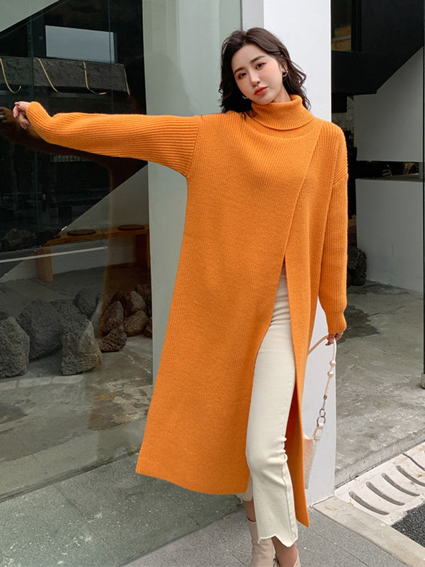 Pull élégant fendu devant à manches longues, à col haut, couleur unie