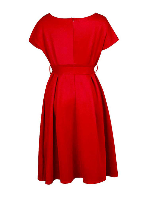 Robe mi-longue à nœud, à lacets, à col en V, couleur unie