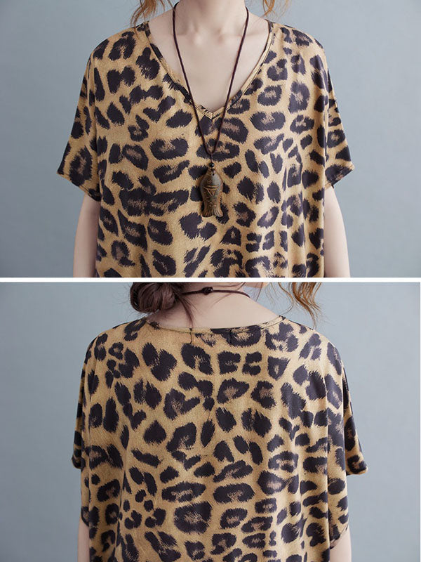 Robe longue ample à imprimé léopard, à col en V, à manches chauve-souris