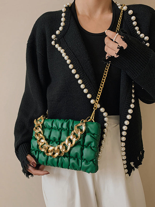 Sac bandoulière à chaîne, à carreaux, couleur unie