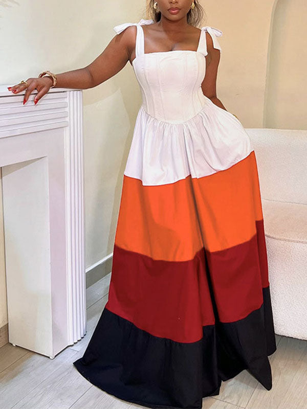 Robe longue plissée nouée coupe trapèze, taille haute, à poches, à fermeture éclair, à fines bretelles, couleur contrastée