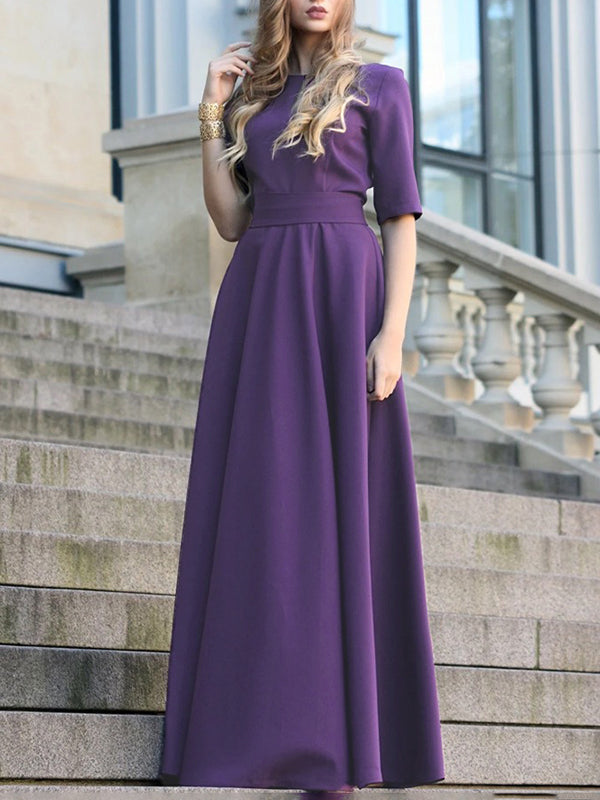 Robe longue à manches mi-longues, taille haute, à taille nouée, à col en V, couleur unie