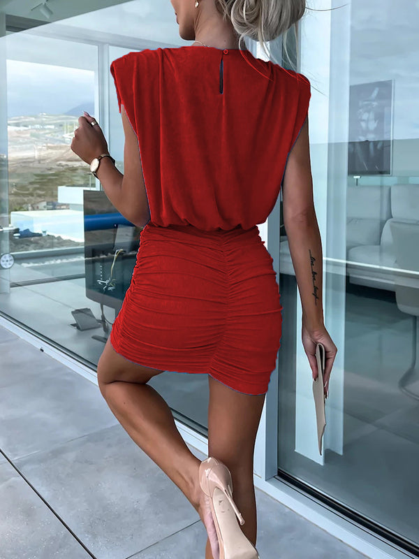 Robes courtes plissées à manches courtes, avec épaulettes plissées creuses, couleur unie, col rond
