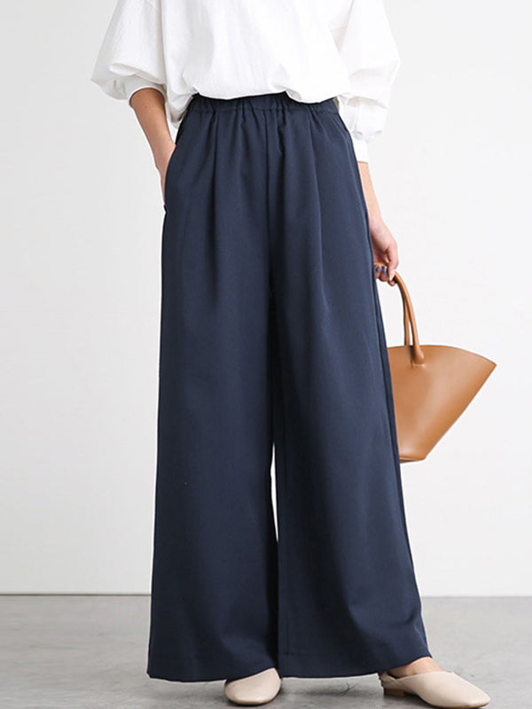 Pantalon taille haute à jambes larges, élastique, couleur unie, à empiècements, large côté