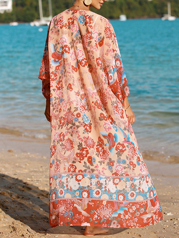 Kimono ample à manches longues, à imprimé floral, anti-UV, sans col