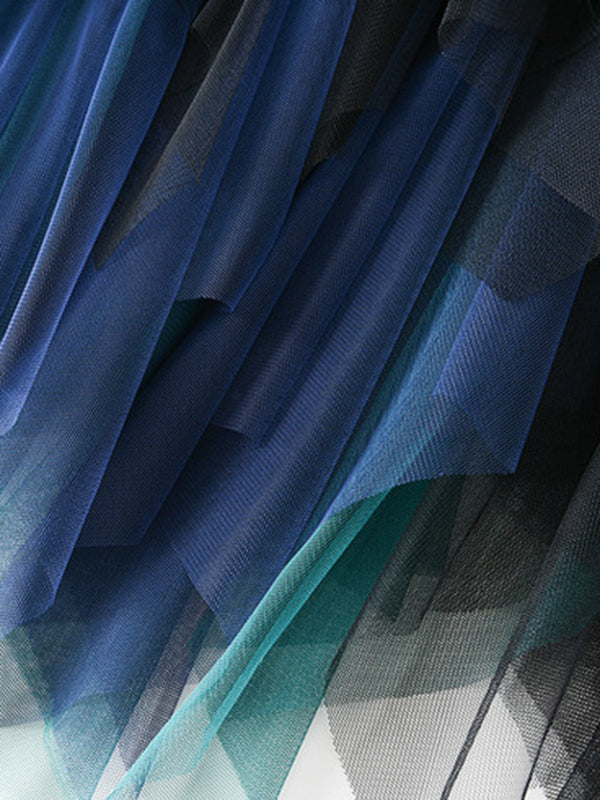 Jupes trapèze irrégulières en gaze de couleur contrastée, vert urbain, bleu