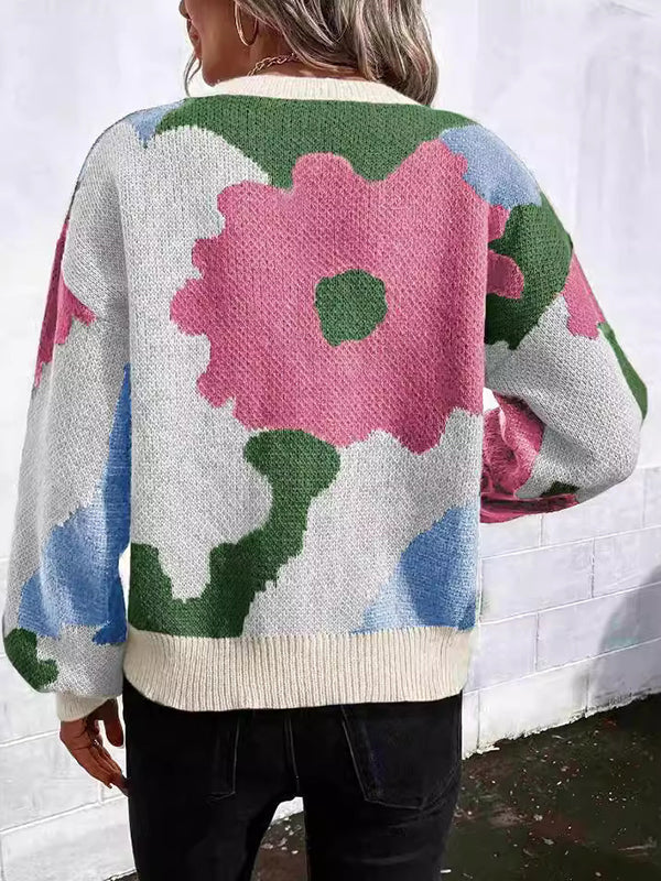 Pull ample asymétrique à manches bouffantes, à fleurs en tricot, à empiècements, à col rond