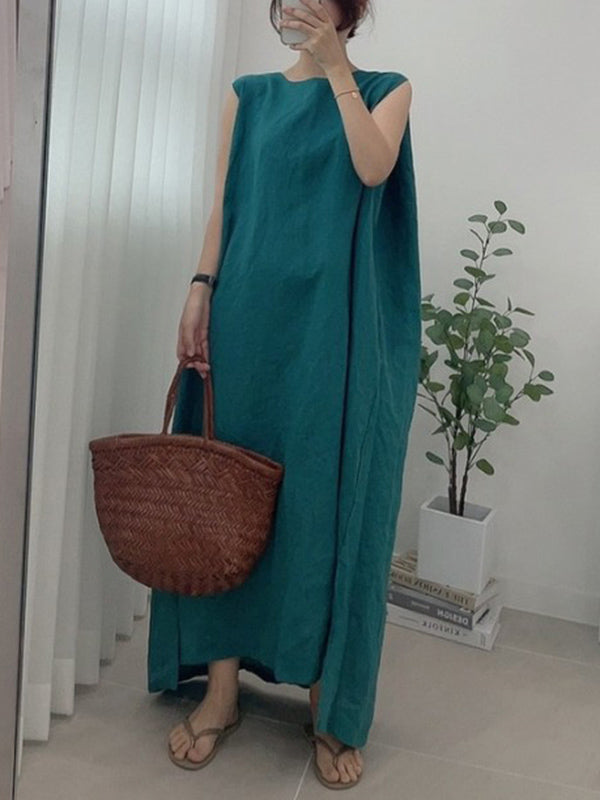 Robe mi-longue décontractée simple fendue sur le côté à col rond, sans manches, couleur unie