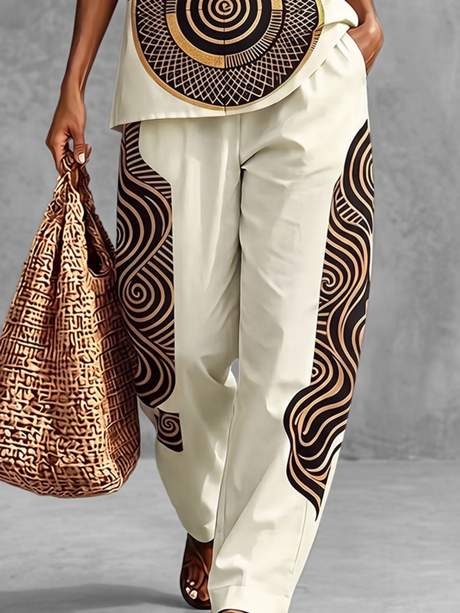 Pantalon imprimé ample à poches, à taille élastique, à jambes larges, couleur contrastée