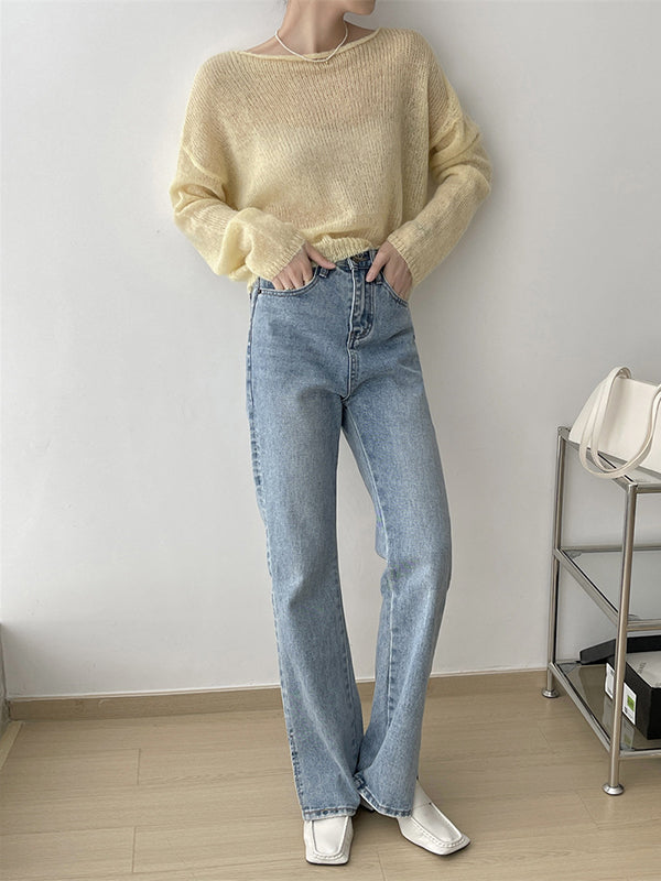 Pull fin tricoté en Mohair doux, manches longues, couleur unie, hauts fins