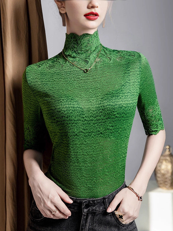 Faux Deux Demi Manches Légèrement Transparent à empiècements Texturé Col Haut T-shirts