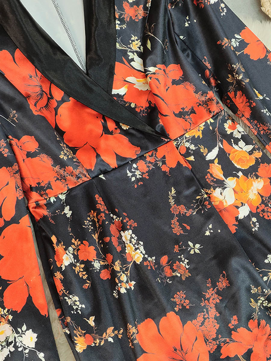 Robe courte moulante fendue dans le dos taille haute, à imprimé floral, à empiècements, à col revers, couleur contrastée