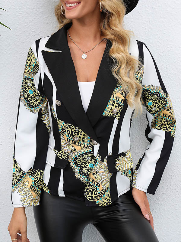 Blazer ample boutonné imprimé à manches longues, à poches, à col cranté