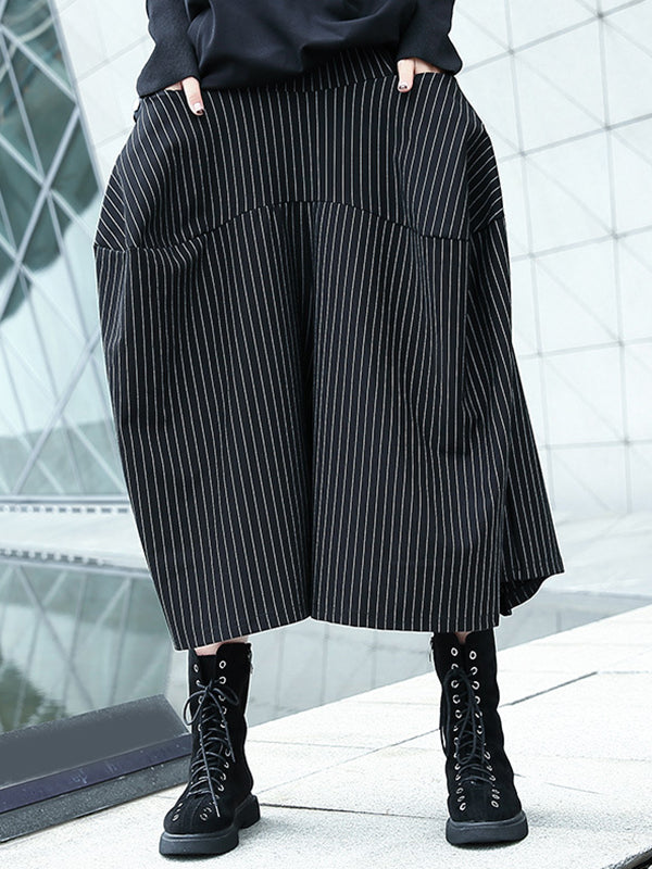 Pantalon jupe-culotte rayé taille haute avec poches élastiques amples