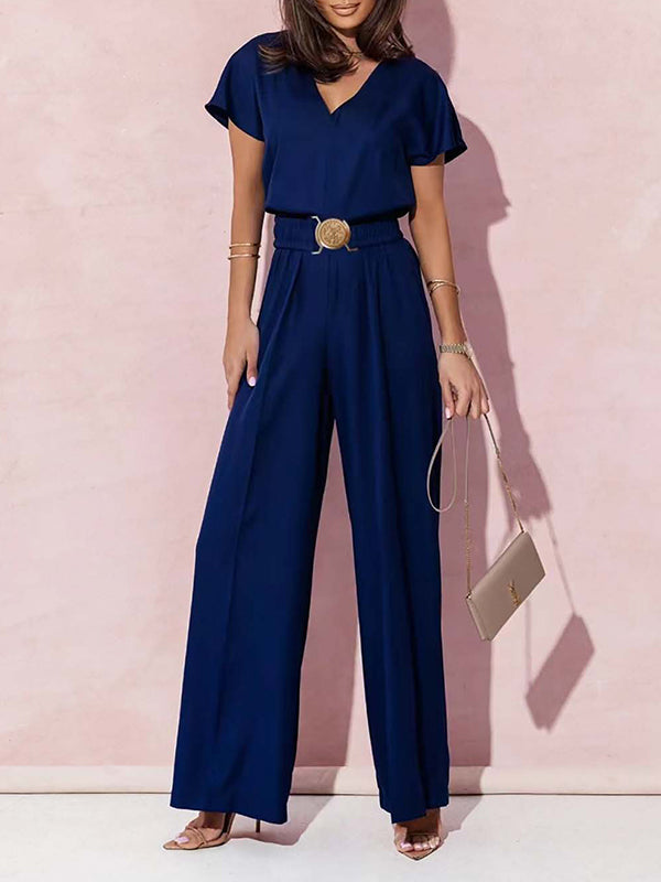 Combinaison ample plissée taille haute, avec ceinture, à col en V