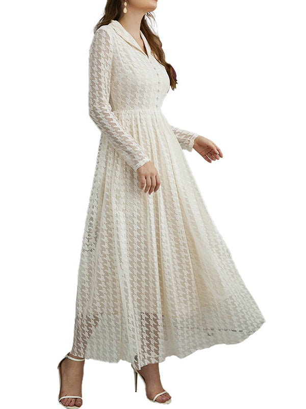Robe longue boutonnée transparente taille haute, à manches longues, en gaze, à col en V, couleur unie