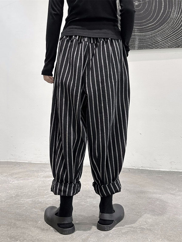 Sarouel ample taille haute fendu-joint motifs rayés pantalon pantalon