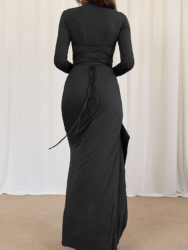 Robe longue moulante asymétrique plissée volantée taille haute, à empiècements, à col rond, couleur unie