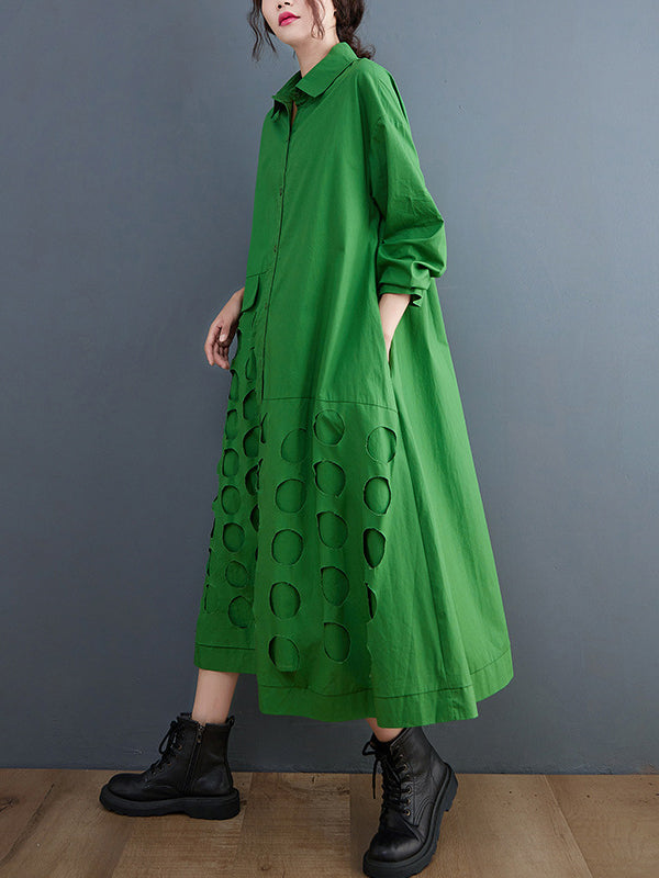 Robe mi-longue asymétrique ajourée coupe trapèze, à manches longues, à pois, à col revers, couleur unie