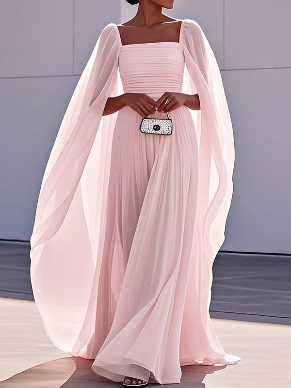 Robe de soirée longue plissée style cape, en gaze, à empiècements, à col carré