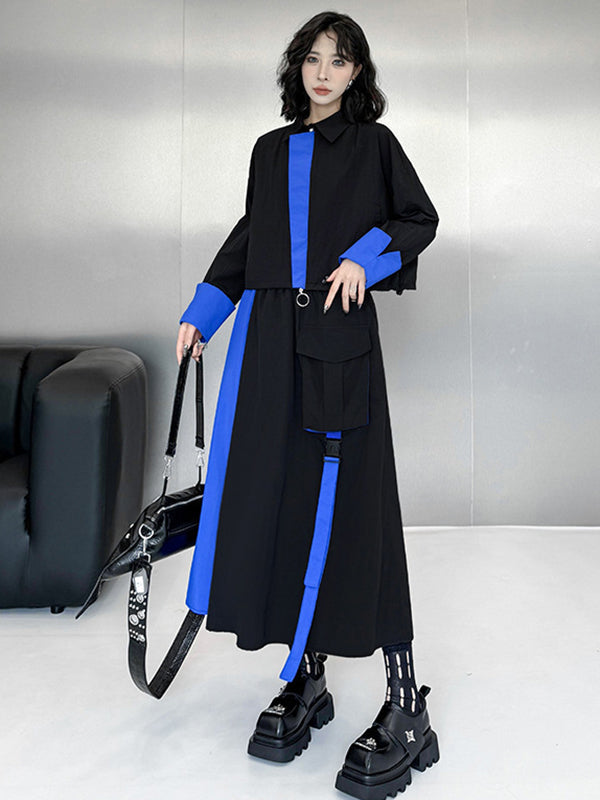 Ensemble deux pièces asymétrique à empiècements, à col revers, coupe trapèze, à taille élastique, à poches, à rubans, couleur contrastée – chemisier + jupe