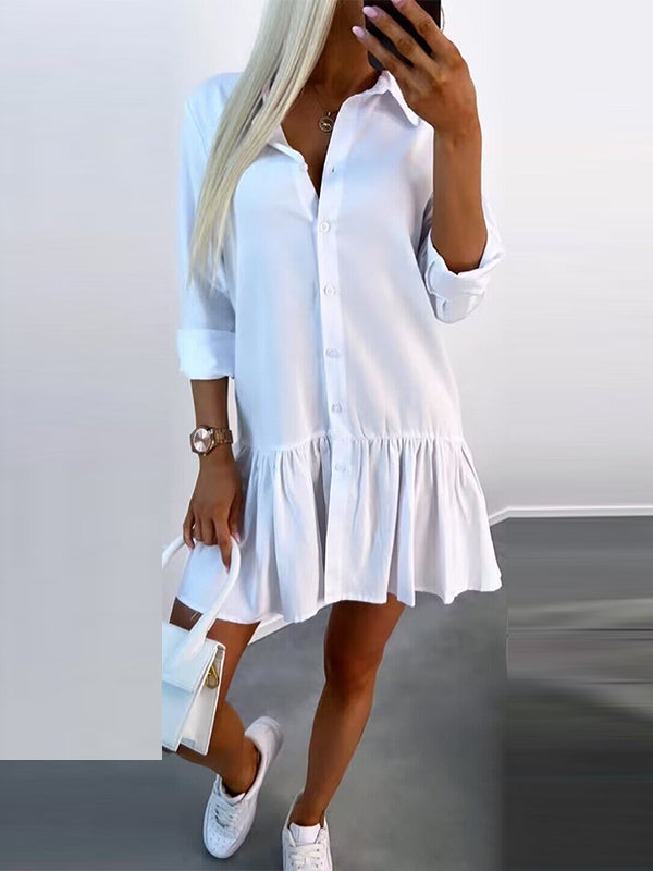 Robe chemise ample boutonnée plissée à manches longues, à empiècements, à col revers, couleur unie