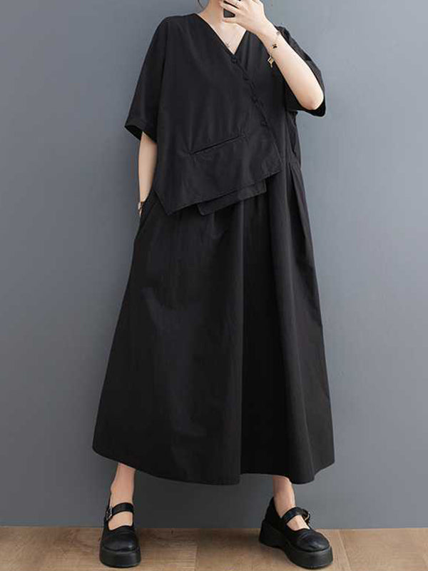 Robe mi-longue ample plissée à manches courtes, à empiècements, à col en V, couleur unie
