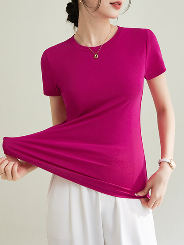 T-shirt à manches courtes, coupe près du corps, à col rond, couleur unie