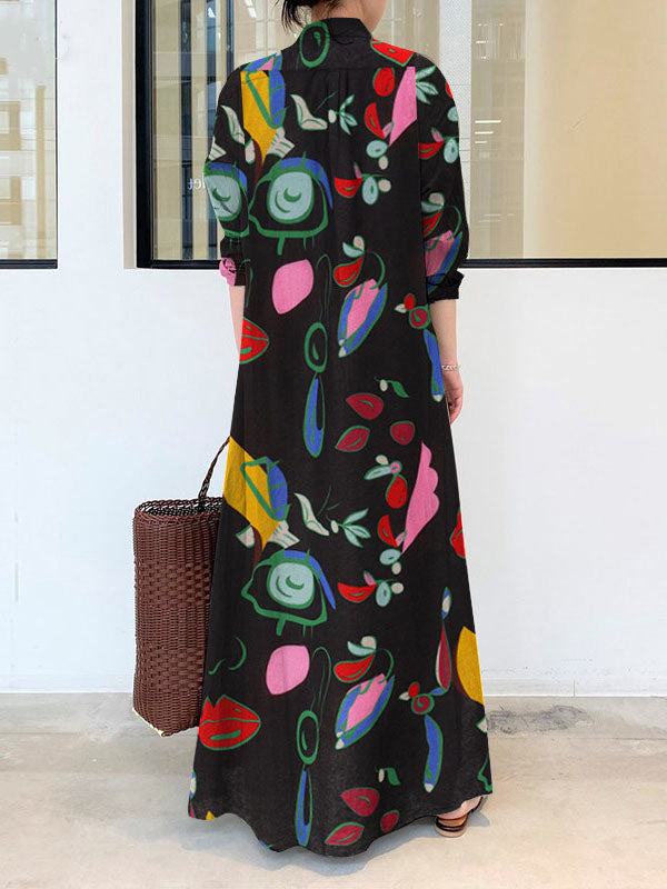 Robe chemise ample boutonnée imprimée à manches longues, à poches, à col revers