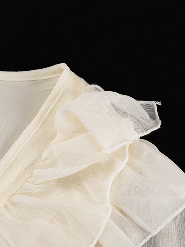 Robe courte nouée coupe trapèze, taille haute, à bordure volantée, à col en V, couleur unie