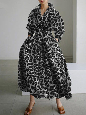 Robe longue boutonnée taille haute, à manches longues, à imprimé léopard, à col revers